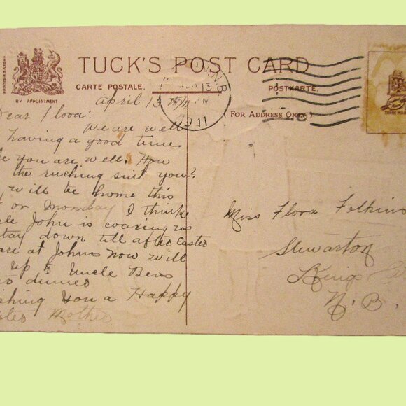 Antique  Easter postcard from 1911 of two girls in white and glue ribbons & umbr - Picture 7 of 8